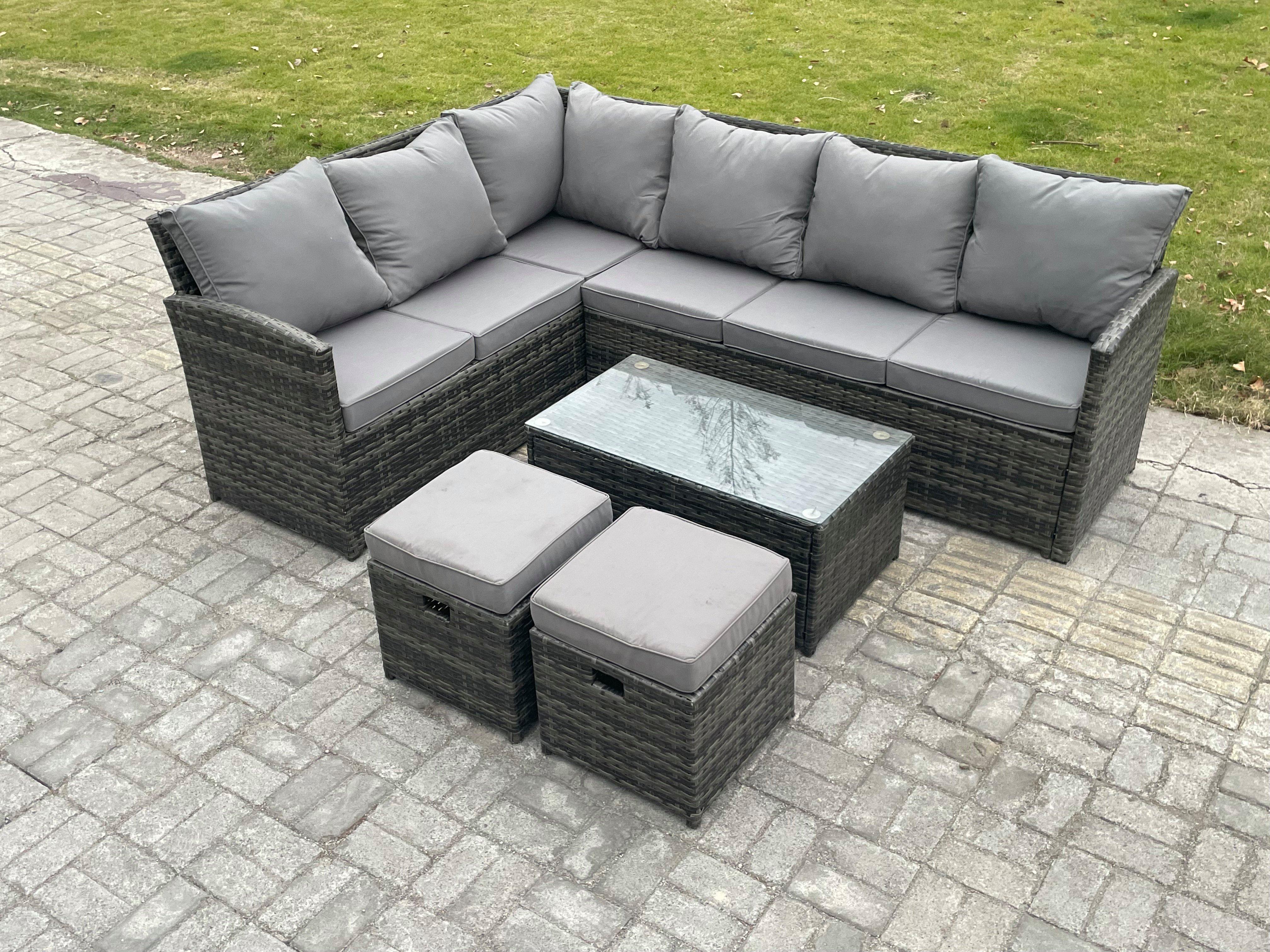 Rattan Lounge Corner Sofa Set Wicker Outdoor Garden Furniture Set with Rectangular Coffee Table 2 Sm